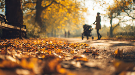 Vibrant autumn foliage blankets the park floor as a soft sunlight filters through trees, while a gentle motion blur captures a parent strolling with their baby amidの写真素材
