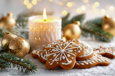 Warm holiday ambiance featuring handcrafted gingerbread treats with intricate white icing designs, nestled among shimmering gold baubles, fresh pine sprigs, and a soの写真素材