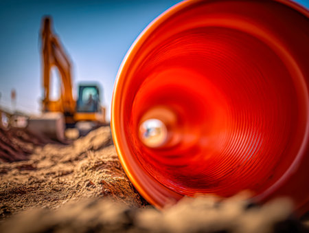 A vibrant orange conduit frames a rugged construction zone, where dusty ground and distant heavy equipment evoke a lively, industrial atmosphere under bright sunligの写真素材