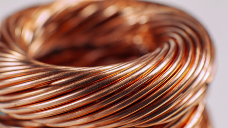 A gleaming copper coil with reflective surfaces, neatly wound and ready for electrical or artistic...