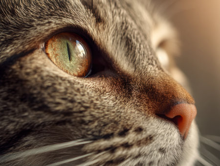 A close-up of a housecat's side profile highlights its vibrant green eye and intricately patterned fur, illuminated by gentle, golden light in a peaceful environmentの写真素材