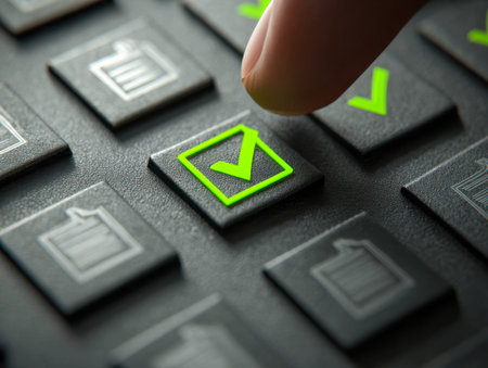 A single finger activates a vibrant green confirmation switch on a sleek digital interface,...