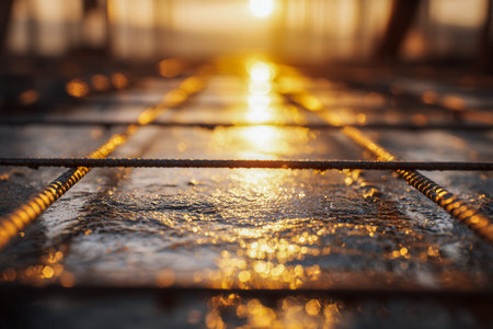 A freshly poured concrete platform features protruding steel bars, basking in soft dawn light that...