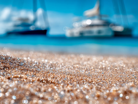 Warm sunlight illuminates tiny shimmering sand particles on a tranquil shoreline, with softly focused sailboats drifting across vibrant turquoise waters beneath a clの写真素材
