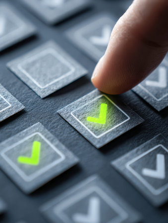 A user confidently taps a glowing green verification icon on a sleek digital display, symbolizing successful approval within a cutting-edge technological workspace.の写真素材