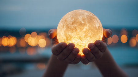 A hand cradles a luminous, moon-shaped orb as twilight descends, casting an enchanting glow against a backdrop of shimmering city lights and a mystical evening sky.の写真素材