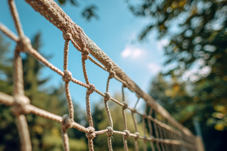 A close-up of an aged, textured rope mesh with intricate knots, set against a vivid sky and soft greenery, evoking rustic charm on a bright sunny day.の写真素材