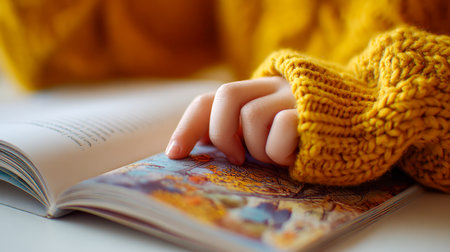 A young child in a vibrant yellow sweater gently flips through a richly illustrated storybook, captivated by the vivid images in a cozy, welcoming home setting.の写真素材