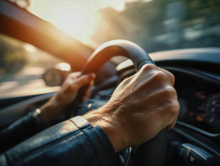 Hands firmly grasp the wheel amid warm sunlight, navigating a bustling city street as shadows lengthen, with vibrant urban architecture softly fading in the backgrouの写真素材
