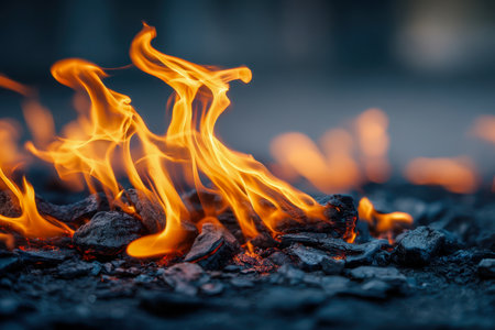 Dynamic fiery tendrils flicker fiercely atop smoldering coals, illuminating shadows with intense warmth and capturing the primal energy of combustion.の写真素材