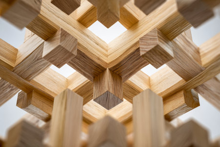 A detailed view of a handcrafted wooden puzzle with interwoven beams, showing rich grain patterns and precise joinery in a balanced, artistic form.の写真素材