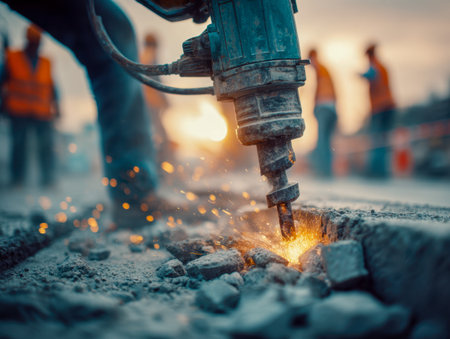 As the golden hour casts warm hues over the cityscape, laborers wield powerful tools to reshape the roadway, with fiery sparks illuminating their focused effort.の写真素材