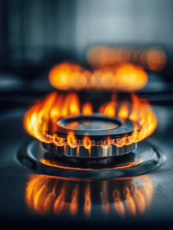 Vibrant orange flames dance atop a sleek gas burner, their reflection shimmering on a polished surface, evoking cozy warmth and inviting culinary moments.の写真素材