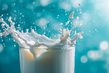 A lively burst of creamy white liquid erupts from a glass, captured in vivid detail, set against a lively blue backdrop with shimmering light patterns.の写真素材
