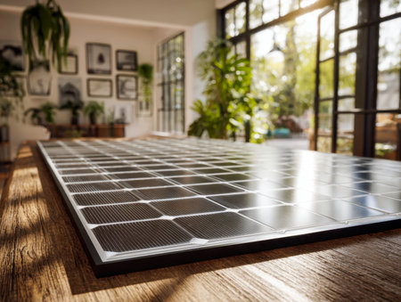 A small solar panel is placed on a rustic wooden surface amid lush greenery, basking in warm sunlight that illuminates a vibrant, plant-filled space.の写真素材