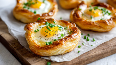 Warm, flaky pastries bursting with bright eggs, topped with vibrant chives and pepper, served on a textured wooden board for a rustic breakfast appeal.の写真素材