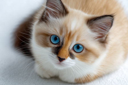 A charming feline with plush, snow-white fur and vibrant sapphire eyes gazes upward, lounging on a gentle-hued surface within a warm, inviting home environment.の写真素材