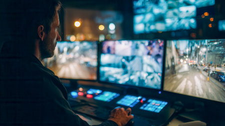 A vigilant security expert observes a wall of luminous monitors, overseeing nighttime city movement and safeguarding urban environments with focused attention.の写真素材