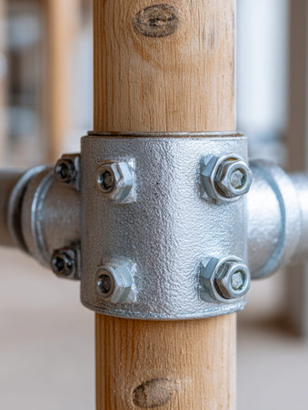 A rugged galvanized steel joint with prominent bolts tightly fastening timber beams, highlighting...