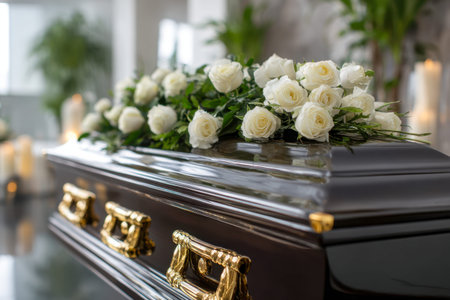 A polished ebony casket complemented by a delicate bouquet of white roses, evoking serenity and...