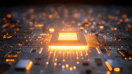 A sleek microprocessor radiates with warm orange glow, nestled amid intricate circuitry on a dark backdrop, symbolizing cutting-edge digital innovation and futuristiの写真素材