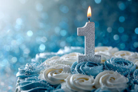 A shimmering silver numeral one flame flickers above an elegant cake adorned with delicate white and blue frosting roses, symbolizing a joyful first milestone.の写真素材