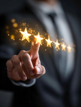 A professional man in a suit elegantly points at a luminous star rating, reflecting excellence in service and a commitment to high customer approval amidst a sleek,の写真素材