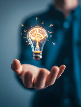 A futuristic scene showing an individual grasping a luminous orb with a neural-inspired filament and shimmering sparks, embodying visionary thinking and technologicaの写真素材