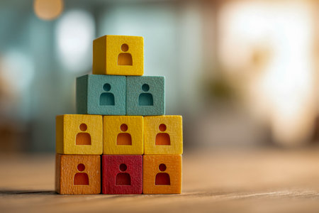 Vibrant wooden cubes form a layered pyramid, featuring cutouts of figures representing collaboration...