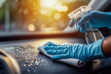 A devoted individual sports vibrant blue gloves as they carefully sanitize a vehicle's interior, bathed in warm golden light, capturing a meticulous cleaning moment.の写真素材