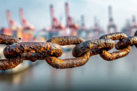 Weathered, corrosion-covered chain links dominate the foreground, set against a misty port scene with faint outlines of cranes and water, evoking industrial decay.の写真素材