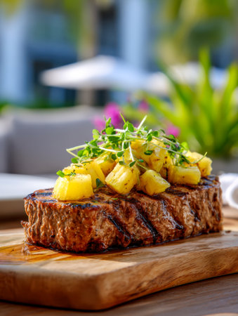 Juicy grilled meat garnished with vibrant pineapple pieces and crisp microgreens, presented on a rustic wooden platter against a softly blurred outdoor setting batheの写真素材