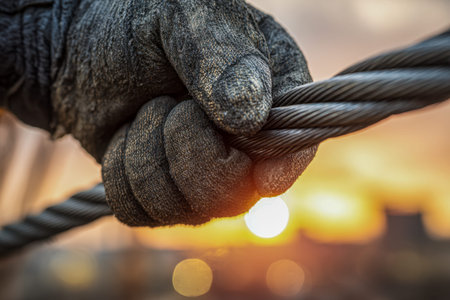 A vigilant craftsman grips a sturdy steel cable, symbolizing resilience and security amidst an...