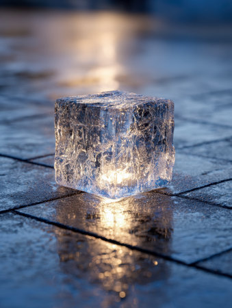 An icy cube captures soft amber illumination, casting gentle reflections on damp tiles beneath a dusk sky, evoking serenity amidst chilly outdoor moments.の写真素材