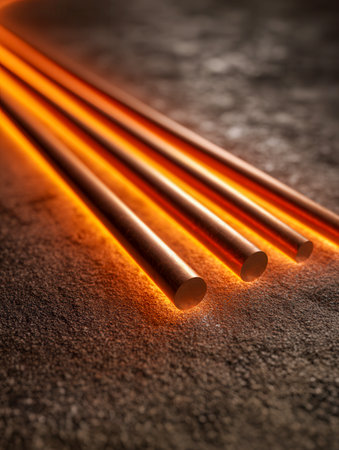 Futuristic metallic bars radiate a soft amber glow atop rough-textured terrain, evoking themes of raw power, innovation, and the limitless potential of industrial enの写真素材