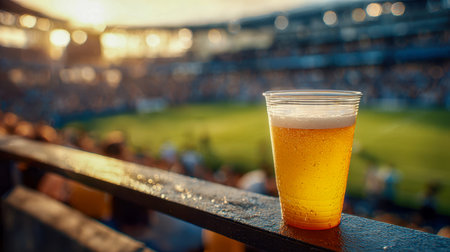 A chilled beverage glistening with droplets of condensation, held against a sunlit railing as...