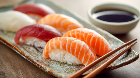 Vibrant slices of salmon and tuna sushi artfully arranged on handcrafted ceramic dishes, accompanied by a small dish of soy sauce and wooden chopsticks, exuding fresの写真素材