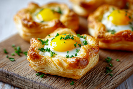 Crispy golden pastry cups cradle perfectly cooked eggs, topped with vibrant herbs, all presented on a weathered wooden surface for a hearty morning treat.の写真素材