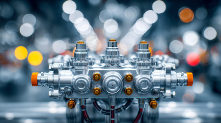 A close-up of an intricate metallic assembly featuring interconnected nozzles and valves,...