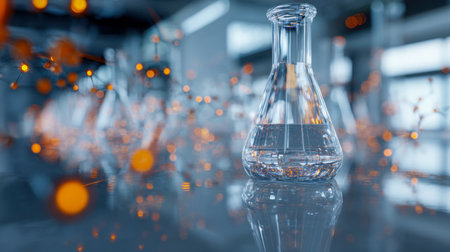 A sleek glass container with a colorless solution rests on a shiny surface, encircled by luminous molecular models capturing innovation in scientific exploration.の写真素材