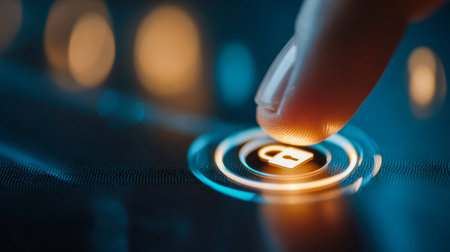 A fingertip hovers over a luminous padlock symbol on a sleek touchscreen, symbolizing digital security and the importance of safeguarding information in modern interの写真素材