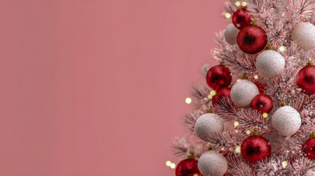 A charming pink holiday tree decorated with shimmering red and white ornaments, gently illuminated by warm fairy lights, set against a soft pastel pink backdrop.の写真素材