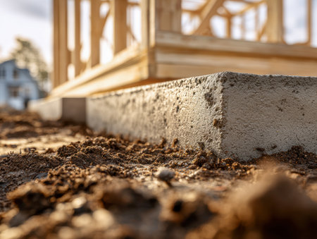 A detailed shot of a sturdy concrete base beneath timber structures, with rugged soil and loose dirt fronting an active building scene under daylight.の写真素材