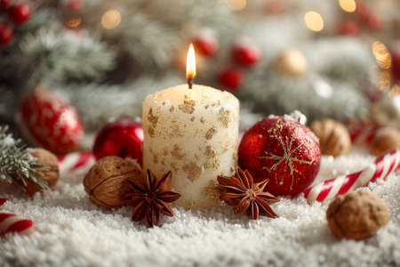 A cozy arrangement featuring a softly flickering candle amidst cheerful holiday accents like crimson baubles, striped candy canes, earthy walnuts, and fragrant starの写真素材