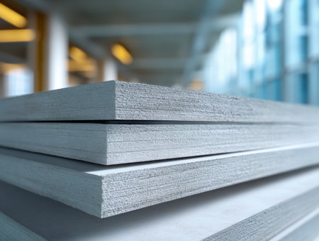Bright warehouse with neatly arranged white drywall sheets featuring textured borders, emphasizing industrial storage of construction materials and building essenceの写真素材