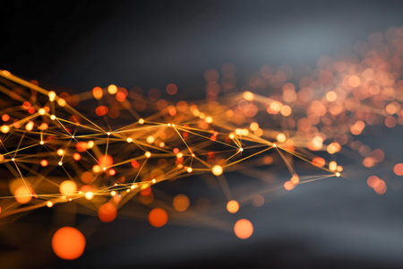 Illuminated orange points interconnect with sleek lines across a dark backdrop, forming a high-tech...
