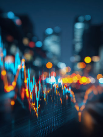 A lively blend of vivid financial charts and data visuals overlays a softly blurred city skyline at night, evoking dynamic global market activity and urban energy.の写真素材