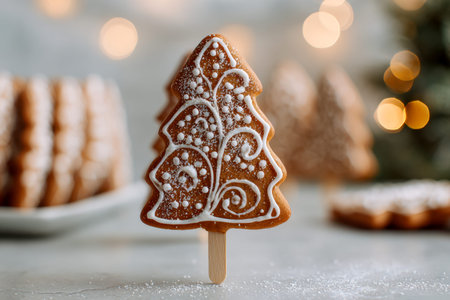 A handcrafted gingerbread ornament shaped like a Christmas tree, adorned with delicate white icing...