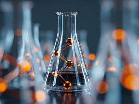 In a dark laboratory environment, a sleek flask features a vibrant molecular diagram, illuminated by warm orange highlights, amid softly blurred glassware creating aの写真素材