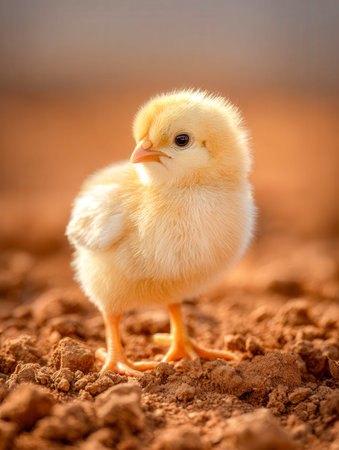 A tiny, downy chick pauses on earthy ground, bathed in gentle light that emphasizes its fragile...